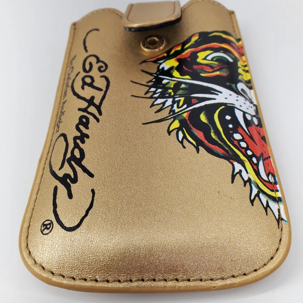 ED HARDY GOLD UNIVERSAL CELL PHONE CASE WITH LEATHER PULL & SNAP CLOSURE. $48.00